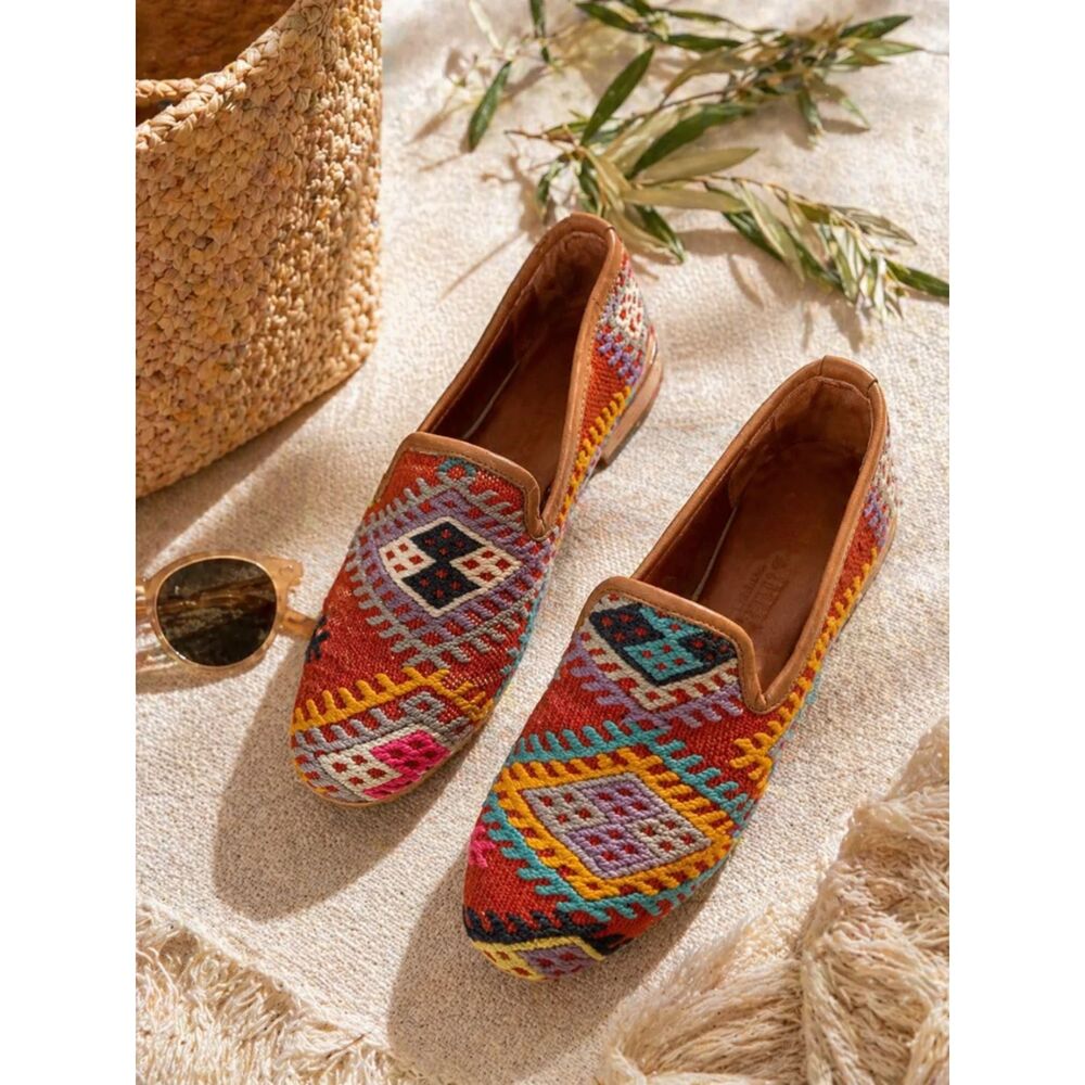 Handwoven Red Kilim Loafers Women's Slip-On Flats Shoes Needlepoint Boho 36